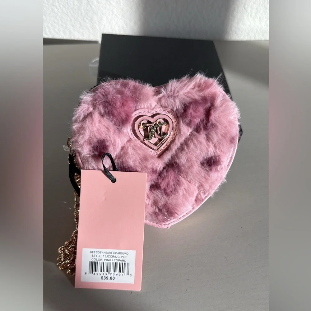 New Juicy Couture Get Cozy Heart Wristlet Wallet Fluffy Faux Fur Pink Leopard